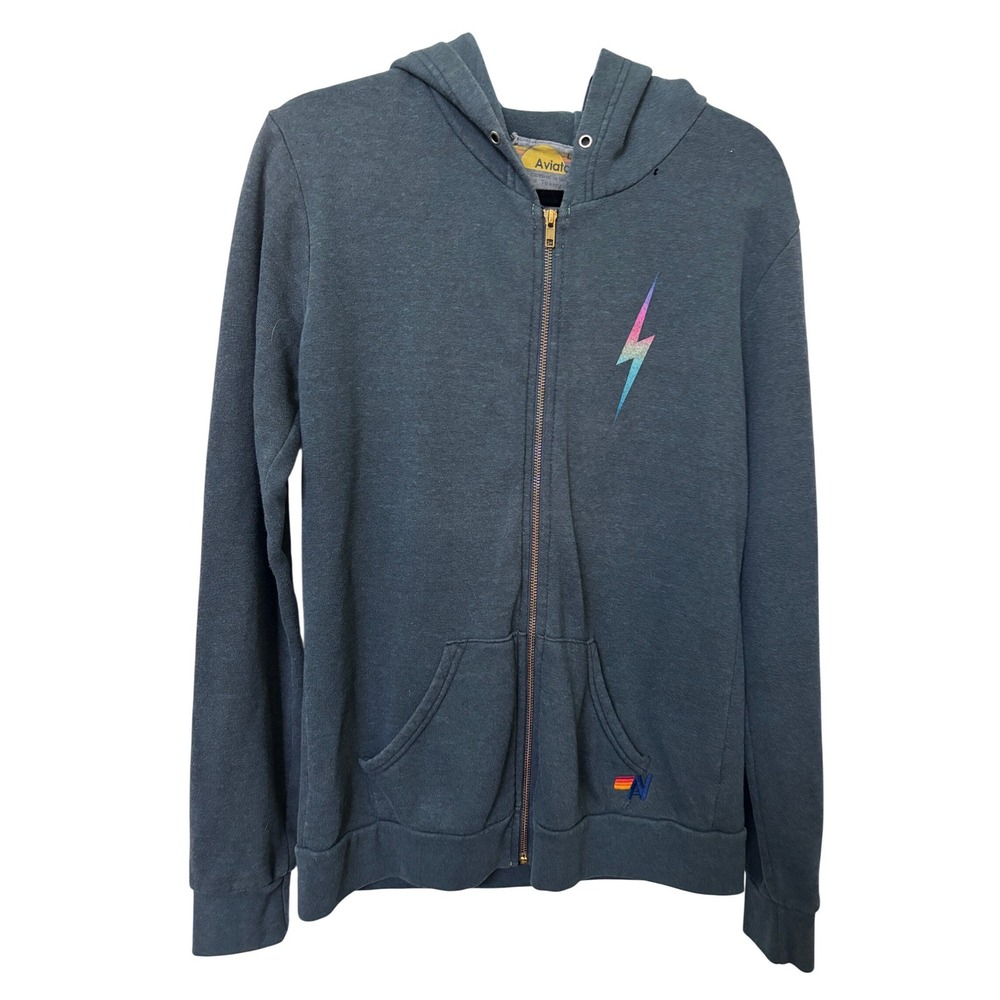 Aviator Nation Charcoal Grey Rainbow Lightning Bolt Zip Up Hoodie Largeβ USA